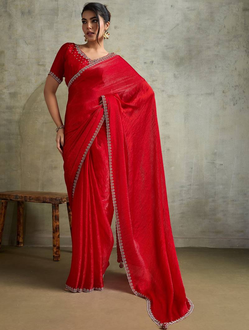 Fantastic Red Chiffon Wedding Wear Saree With Diamond Work Blouse
