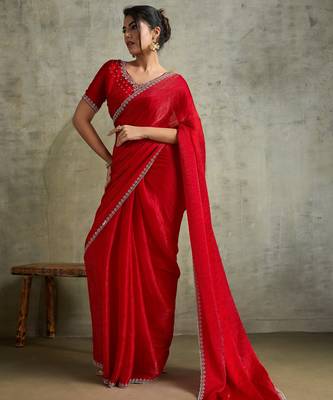 Fantastic Red Chiffon Wedding Wear Saree With Diamond Work Blouse 2