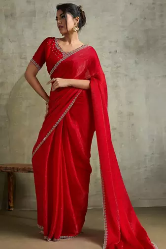 Fantastic Red Chiffon Wedding Wear Saree With Diamond Work Blouse
