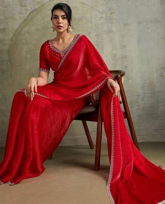 Fantastic Red Chiffon Wedding Wear Saree With Diamond Work Blouse 3