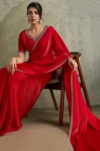 Fantastic Red Chiffon Wedding Wear Saree With Diamond Work Blouse