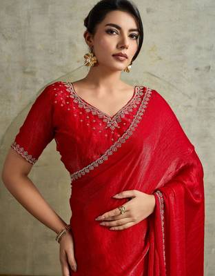 Fantastic Red Chiffon Wedding Wear Saree With Diamond Work Blouse 4