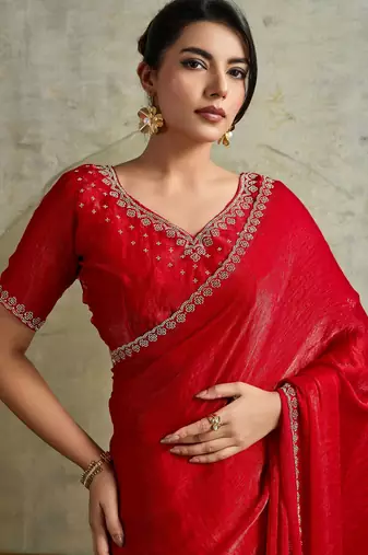 Fantastic Red Chiffon Wedding Wear Saree With Diamond Work Blouse