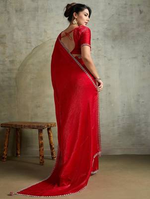 Fantastic Red Chiffon Wedding Wear Saree With Diamond Work Blouse 5
