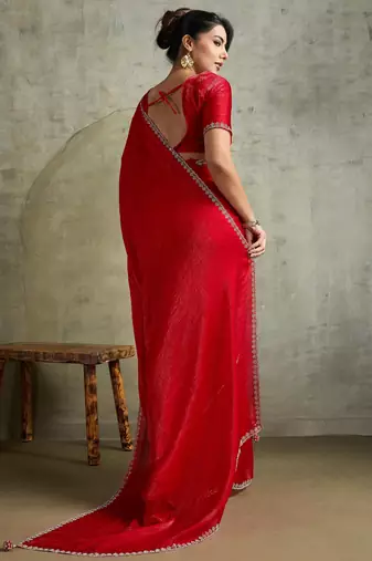Fantastic Red Chiffon Wedding Wear Saree With Diamond Work Blouse