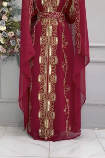 Maroon Embroidered Stitched Kaftan with Heavy Golden Work & Matching Belt