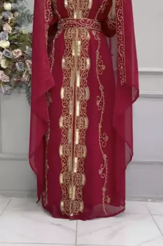 Maroon Embroidered Stitched Kaftan with Heavy Golden Work & Matching Belt