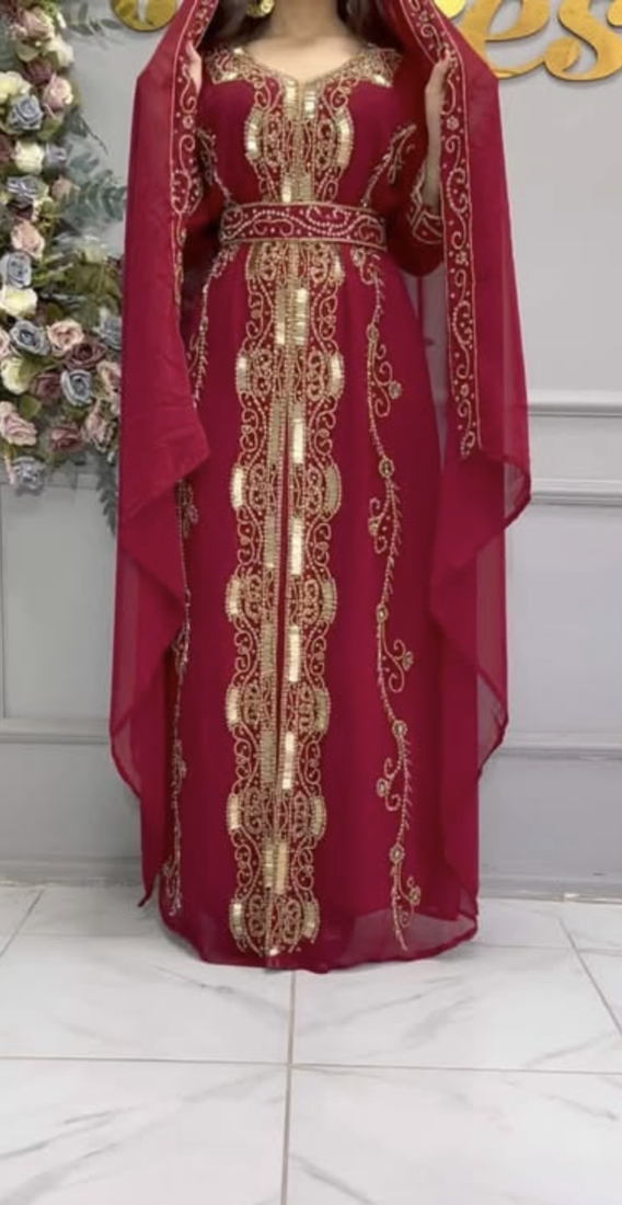 Maroon Embroidered Stitched Kaftan with Heavy Golden Work & Matching Belt