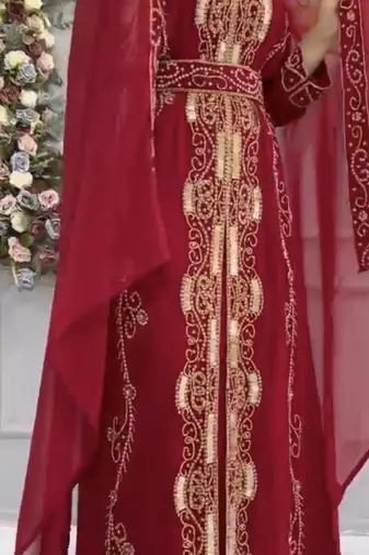 Maroon Embroidered Stitched Kaftan with Heavy Golden Work & Matching Belt