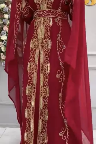 Maroon Embroidered Stitched Kaftan with Heavy Golden Work & Matching Belt