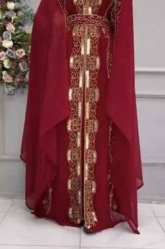 Maroon Embroidered Stitched Kaftan with Heavy Golden Work & Matching Belt