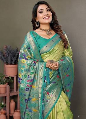 Parrot Green Color Pure Banarasi Tissue Silk Sarees  1