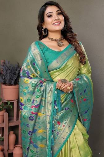 Parrot Green Color Pure Banarasi Tissue Silk Sarees 