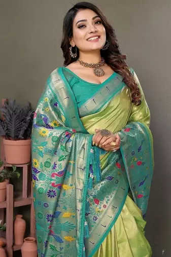 Parrot Green Color Pure Banarasi Tissue Silk Sarees 