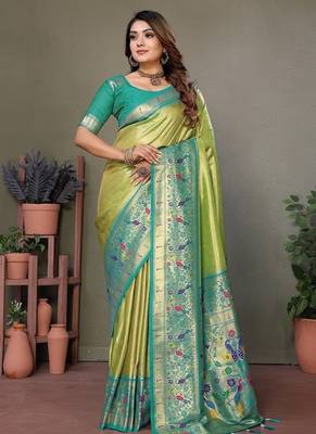 Parrot Green Color Pure Banarasi Tissue Silk Sarees  2