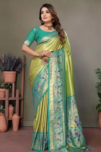 Parrot Green Color Pure Banarasi Tissue Silk Sarees 