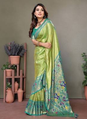 Parrot Green Color Pure Banarasi Tissue Silk Sarees  3
