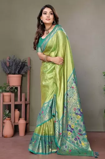 Parrot Green Color Pure Banarasi Tissue Silk Sarees 