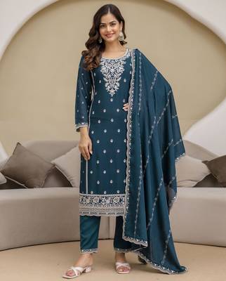 Morpeach Art Silk Embroidery With Sequence Work Kurta Pant with Dupatta For Women 1