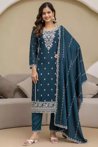 Morpeach Art Silk Embroidery With Sequence Work Kurta Pant with Dupatta For Women