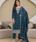 Morpeach Art Silk Embroidery With Sequence Work Kurta Pant with Dupatta For Women