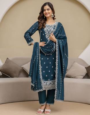 Morpeach Art Silk Embroidery With Sequence Work Kurta Pant with Dupatta For Women 3