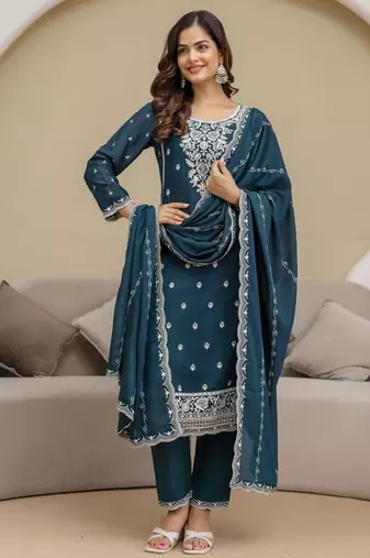 Trendmalls Morpeach Art Silk Embroidery With Sequence Work Kurta Pant with Dupatta For Women