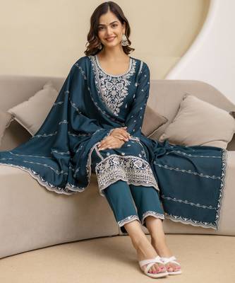 Morpeach Art Silk Embroidery With Sequence Work Kurta Pant with Dupatta For Women 4