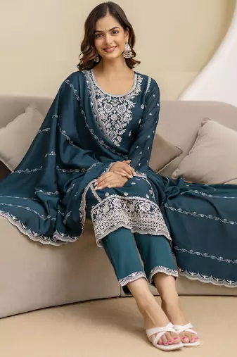 Trendmalls Morpeach Art Silk Embroidery With Sequence Work Kurta Pant with Dupatta For Women