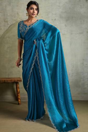 Fabulous Blue Chiffon Festive Wear Saree With Diamond Work Blouse