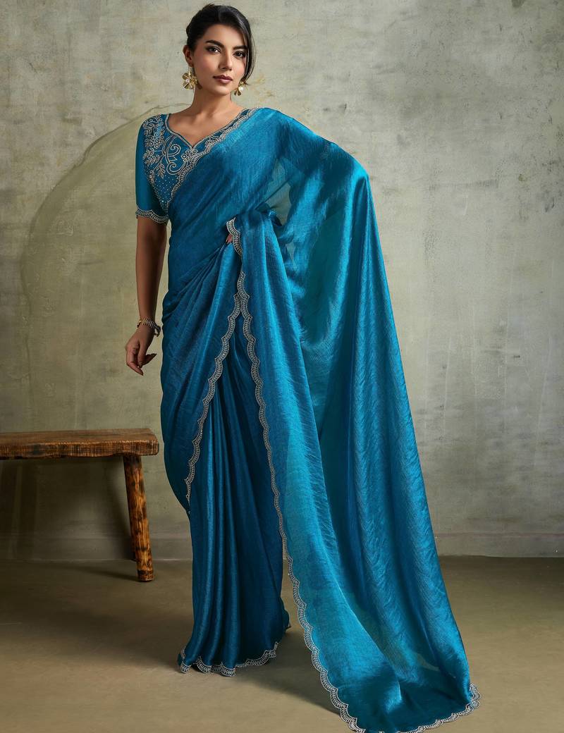 Fabulous Blue Chiffon Festive Wear Saree With Diamond Work Blouse