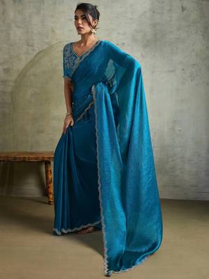 Fabulous Blue Chiffon Festive Wear Saree With Diamond Work Blouse 2