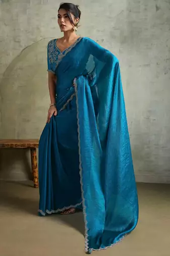 Fabulous Blue Chiffon Festive Wear Saree With Diamond Work Blouse