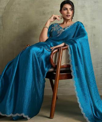Fabulous Blue Chiffon Festive Wear Saree With Diamond Work Blouse 3