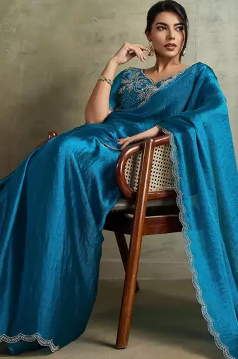 Fabulous Blue Chiffon Festive Wear Saree With Diamond Work Blouse