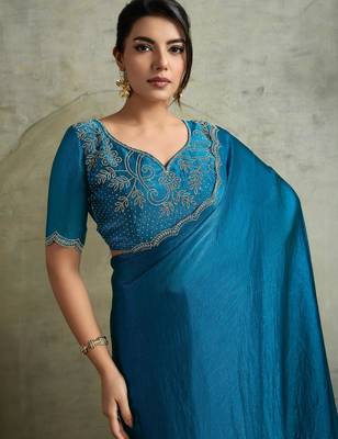 Fabulous Blue Chiffon Festive Wear Saree With Diamond Work Blouse 4
