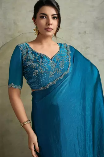 Fabulous Blue Chiffon Festive Wear Saree With Diamond Work Blouse