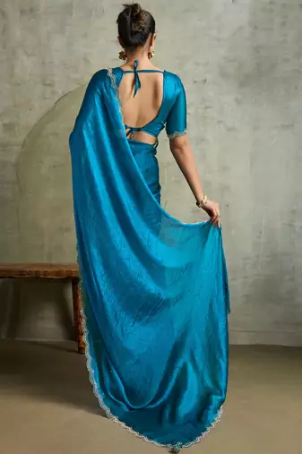 Fabulous Blue Chiffon Festive Wear Saree With Diamond Work Blouse