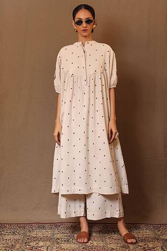 White printed cotton long kurta