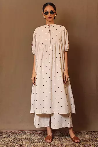 White printed cotton long kurta