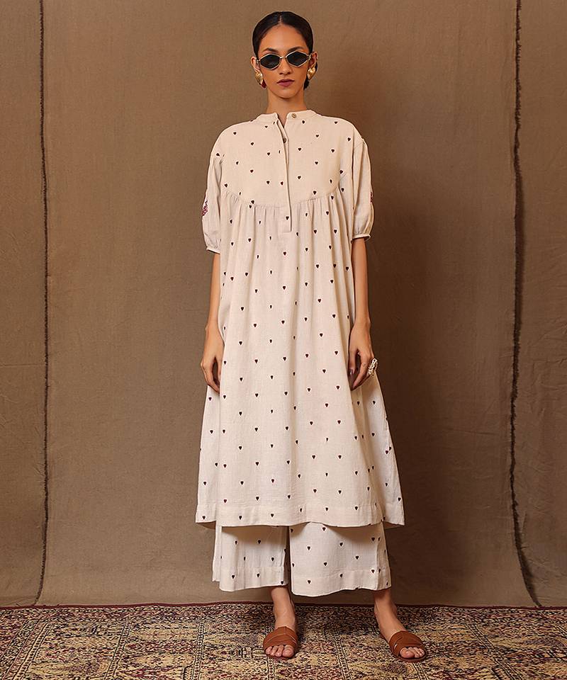 White printed cotton long kurta