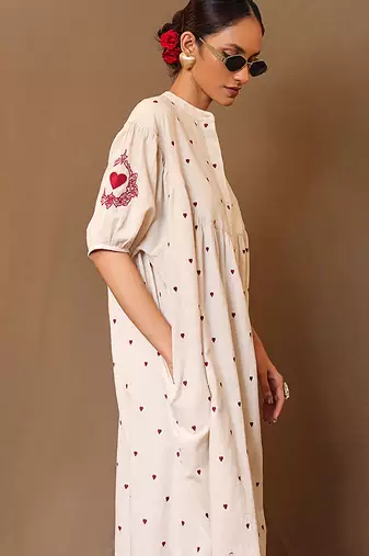White printed cotton long kurta