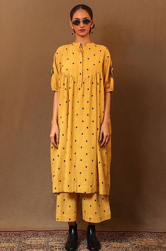 Yellow printed cotton long kurta