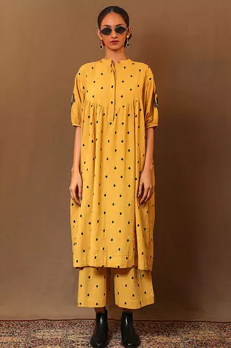 Yellow printed cotton long kurta