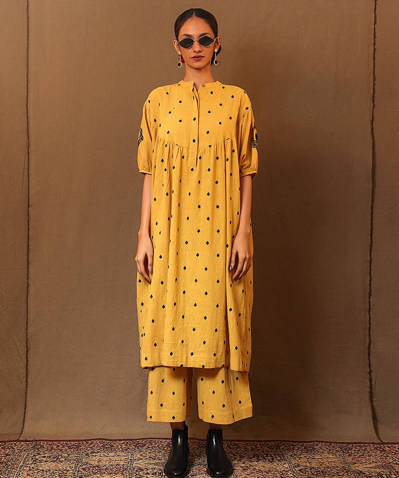 Yellow printed cotton long kurta