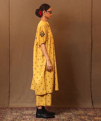 Yellow printed cotton long kurta 2