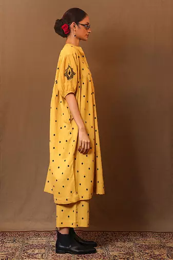 Yellow printed cotton long kurta