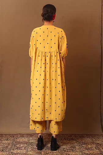Yellow printed cotton long kurta
