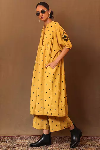 Yellow printed cotton long kurta