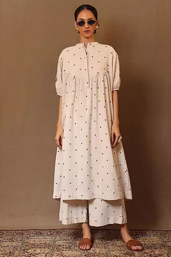 White printed cotton kurta set